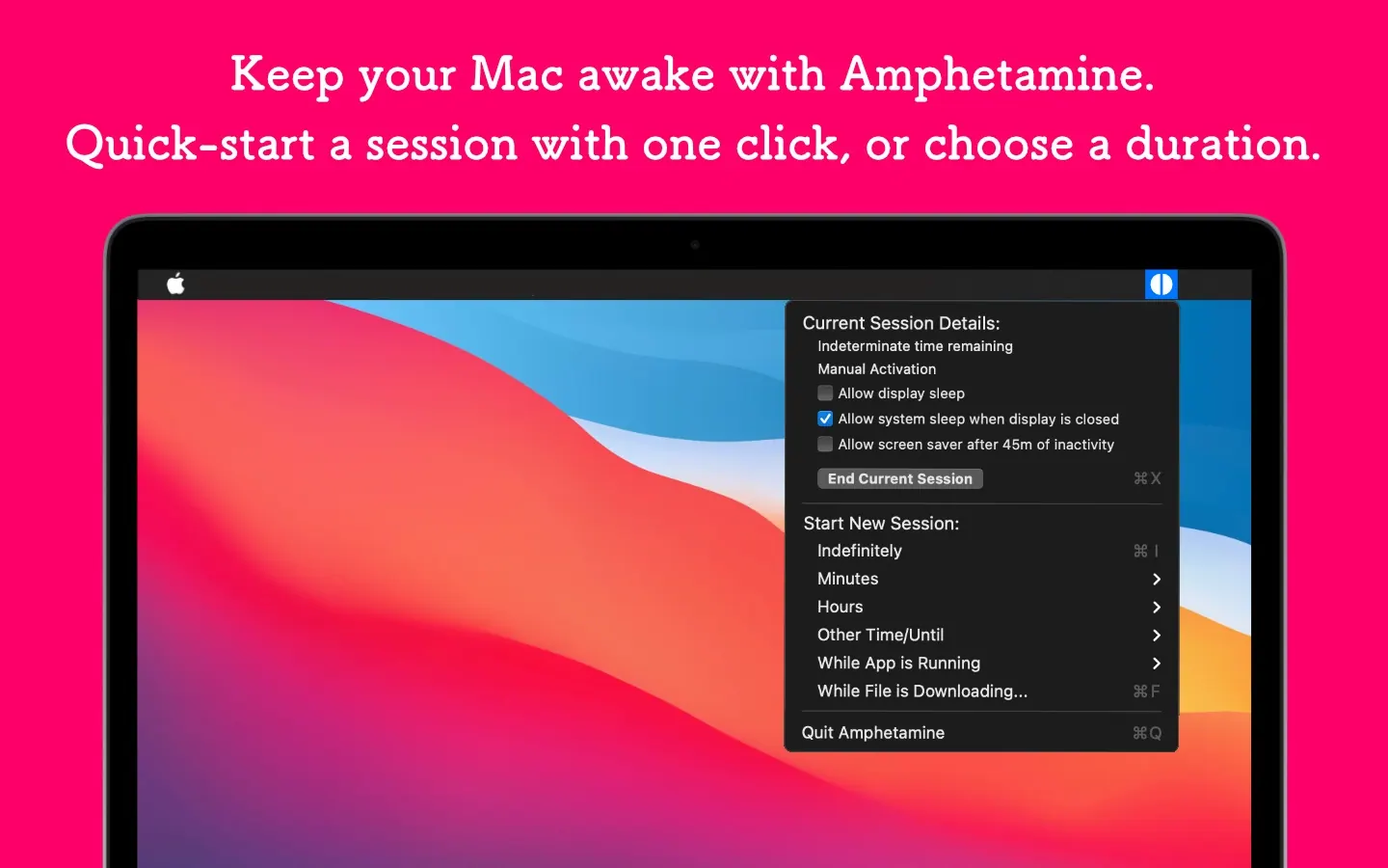 Amphetamine's menu bar options for starting a session