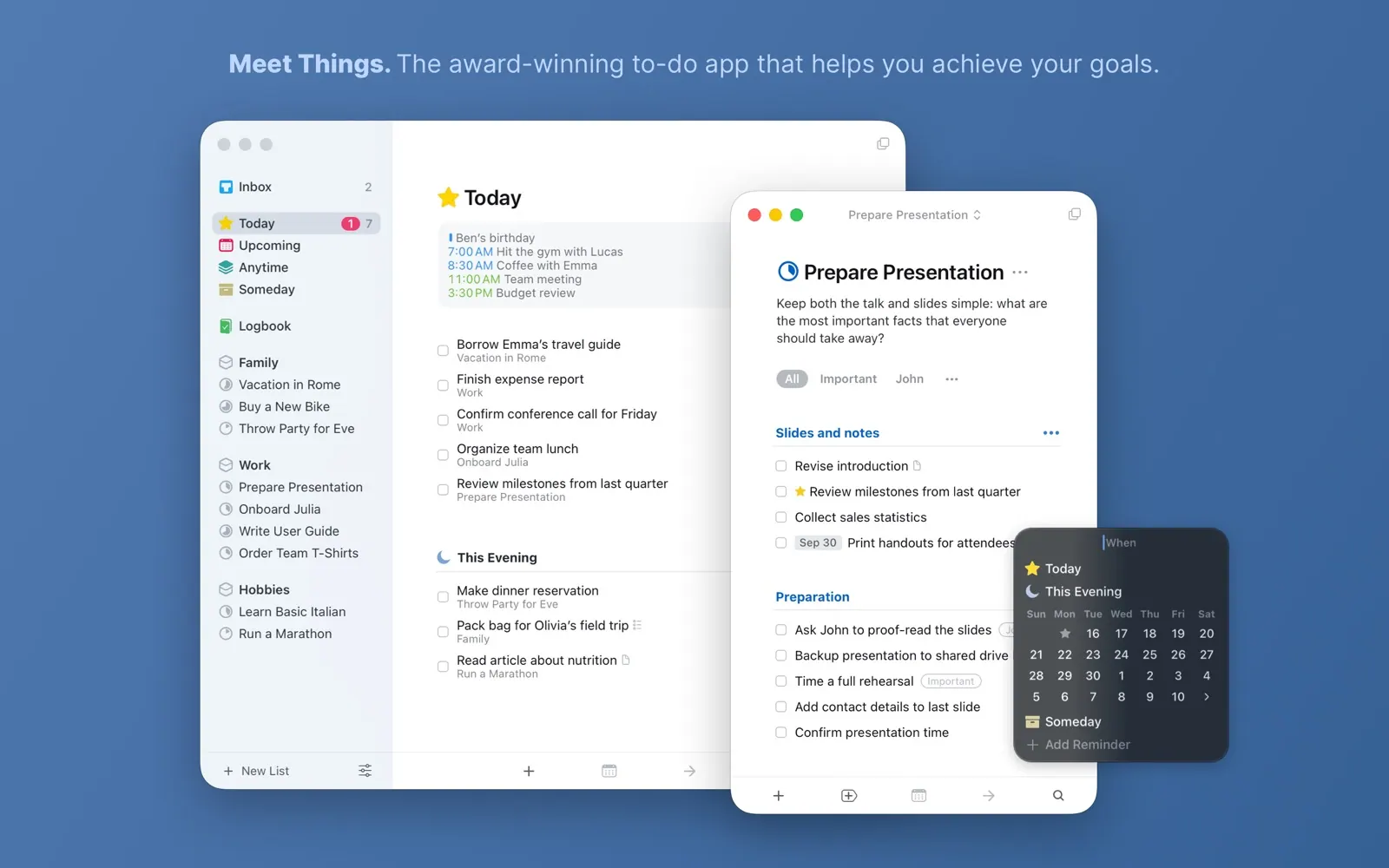 Things 3 showing the Today list on a Mac